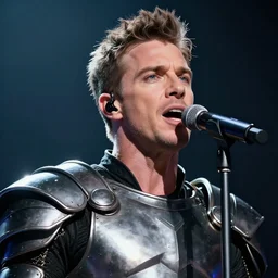 cinematic close up artwork of dave gahan wearing armor and singing in front of warriors fighting in battle by greg rutowski, 4 k, sun rays, masterpiece