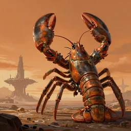 scifi art by Greg Rutkowski, a heavy shuttle that is shaped like a brutalist-looking high tech lobster, in the background, the distant silhouettes of a brutalist-looking planetary colony, hostile and desolate landscape, orange ambient light, detailed and intricate environment, high technology, digital painting, artstation, concept art, smooth, sharp foccus ilustration, Artstation HQ.