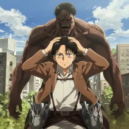 “ jonathan lyndale kirk smiling with hands up to his head as an ugly titan, attack on titan, shingeki no kyojin, film still, wide open city