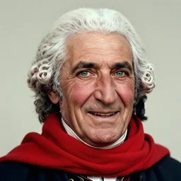 portrait of george washington as afghan man, green eyes and red scarf looking intently, laughing, photograph by steve mccurry