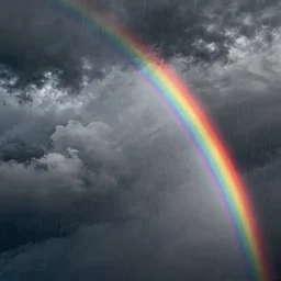 A melancholy rainy sky with black puffy clouds and a beautiful twisting rainbow matte painting