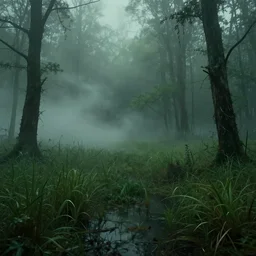 artistic swamp with mystic fog, vegetation, few trees, from horror movies, artstation