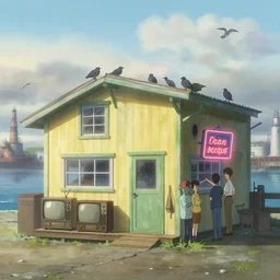 movie scene of a wooden decorated bait and tackle shack on the coast, birds on the roof, a very misty day, industrial surrounding, painted pale yellow and green, old tv and radio hardware, a neon sign, by ian mcque, ferdinand knab, makoto shinkai and lois van baarle, artgerm, pixar, ilya kuvshinov,, tom bagshaw, global illumination, aspect ratio 1 6 : 9