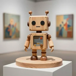 ultra realistic 8 k octan photo, wooden art toys on base cute robot, concept art, contemporary art gallery
