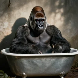 gorilla in a metal bathtub