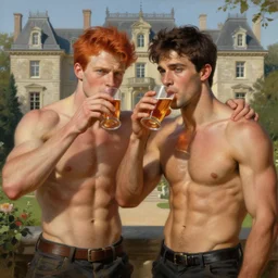 attractive muscular mike with ginger hair with muscular attractive tyler with brunet hair, drinking their hearts out, in their noble mansion. very defined and highly detailed painting by gaston bussiere, craig mullins, j. c. leyendecker 8 k