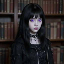 1 7 - year - old pale - skinned persian girl with black long bob cut, black gothic jacket, purple eyes, psychic girl, in a gloomy library