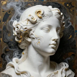fluid simulation, octane render, female model face portrait, smoke sculpture, intricate swirly patterns, beautiful female face melting, color mix in white paint, white carved abstract sculpture, black mineral quartz sculpt, swirly curls fractal gold, abstract white fluid, golden edges and fractals, wasili kandinski, artstation, render, cinematic light, art noveau fresco ink, renessaince paint, liquid acrylic painting