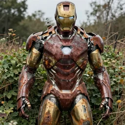 overgrown, rusted, broken, dented, and battle damaged iron man suit, 4k realistic photo