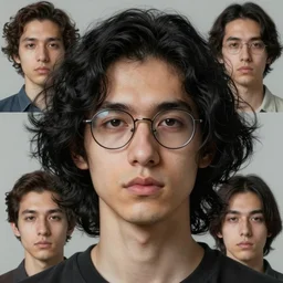 portrait of a young man, long face, black hair, curly hair, glasses, detailed, hyperrealistic, realistic, symmetrical, by artgerm, by anato finnstark, by alena aenami, by john harris, by ross tran, by wlop, by andreas rocha