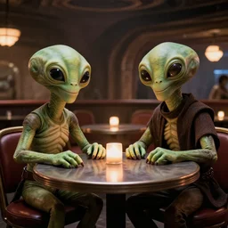 still of two aliens sitting in a table and looking at camera in the star wars cantina scene