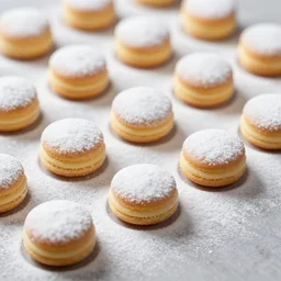 macrons with powdered sugar, from a high class bakery, depth of field, food photography, isometric, tasty, wide shot, studio, bokeh, gmaster, cooking, food, kodak, sony, canon