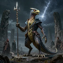 a reptile bird chimera hybrid with claws fangs bristles feathers tails wearing surreal clothes wielding excalibur, on a dark alien world with imposing stone ruins, during a meteor storm, in the style of boris vellejo, julie bell, giger, leng jun, fantasy, dramatic studio lighting, science fiction, octane render 8 k