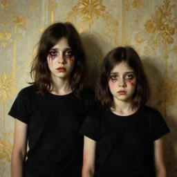 a beautiful and eerie baroque painting of two beautiful but creepy siblings wearing black t - shirts in layers of fear, with haunted eyes and dark hair, 1 9 7 0 s, seventies, wallpaper, a little blood, morning light showing injuries, golden hour delicate embellishments, painterly, offset printing technique, by brom, robert henri, walter popp