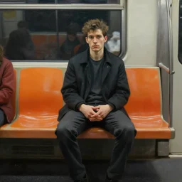 a beautiful painting of a man sitting in a subway seat, rutkowski, realism, cinematic lighting