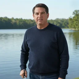 Film still depicting Ted Cruz as the Zodiac Killer by a lake, holding a knife