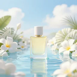 centered bright perfume bottle sitting in shallow clear blue rippling water surrounded by a plethora of white flowers and tropical leaves and fauna upfront, with dreamy bright blue sky and clouds in the background, softly - lit, soft - warm, zen, light, modern minimalist f 2 0 clean
