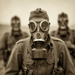 WWI soldiers wearing WWI gas masks, sepia, faded, very very very very blurry, creepy
