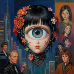 the big eye hovers over the city, portrait of cyberpunk model girl, wrapped in wires and flowers, room by francis bacon, by h. r. giger, by ayami kojima, amano, karol bak, greg hildebrandt, and mark brooks, rich deep colors. beksinski painting, art by takato yamamoto. masterpiece. rendered in blender, ultra realistic, smooth shading, ultra detailed, high resolution, cinematic, unreal 6