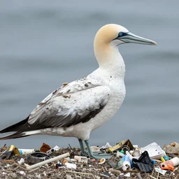 a large sea bird covered in trash and filth
