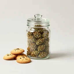 a cookie jar full of weed buds, and cookies next to the jar. fashion photography, product photography, hermes ad