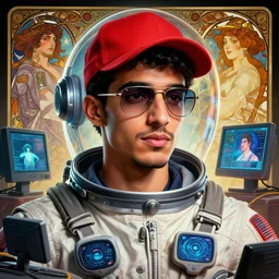 hyperrealist portrait of a young middle eastern american man dressed as a spaceship pilot and wearing wayfarer glasses and red baseball cap, it is decorated computers all over. by jeremy mann and alphonse mucha, fantasy art, photo realistic, dynamic lighting, artstation, poster, volumetric lighting, very detailed faces, 4 k, award winning