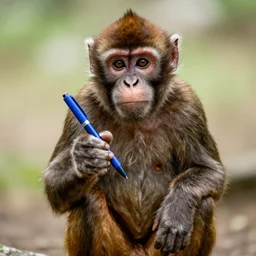 monkey showing a blue pen, by eduardo kobra