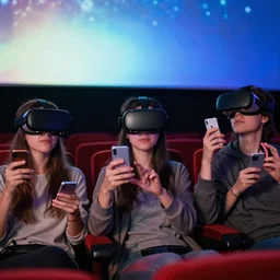 1 9 0 0 s photo of people using iphones ipods virtual reality headsets vr in a movie theater