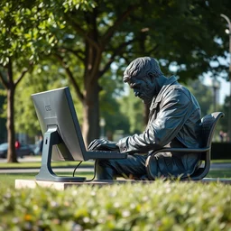 photo still of a bronze statue of a man sitting at a desktop pc hunched over working late in a park on a bright sunny day, 8 k 8 5 mm f 1 6