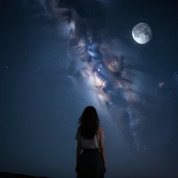girl, woman, beautiful, starry sky, moon, galaxy, stars, beauty, scenery, milky way, light, night, adorable, photography, cinematic, incredible, trending, award winning, planet, dream.