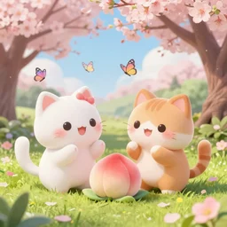 cute peach and goma cats playing in a serene cherry blossom garden with butterflies, octane render, anime, art station, 8 k, mochi art