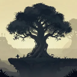 distant ancient gnarled tree silhouettes, parallax layer from a gorgeous indie platform game