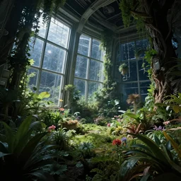 a garden inside a spaceship in space, large windows, overgrowing with plants and vegetation, brightly lit, dark, highly detailed, trees, flowers, science fiction, dystopian, 4 k, art by artgerm