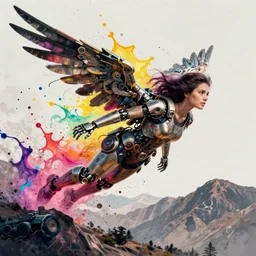 woman with mechanic robot wings flying over a mountain by josan gonzalez splash art graphic design color splash high contrasting art, fantasy, highly detailed, art by greg rutkowski