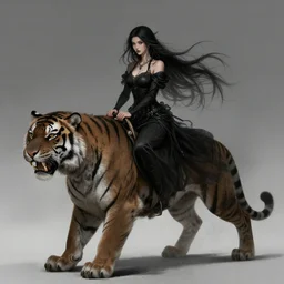dark fantasy female dark sorceress, riding a sabtetooh tiger, highly detailed, qichao wang, artgerm, cushart krenz, zeronis, trending on artstation, soft light, sharp edges, illustration, character design, concept art