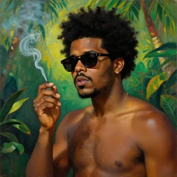 the weeknd wearing sunglasses and smoking by giuseppe arcimboldo, brown skin, classical painting, digital painting, romantic, vivid color, tropical background