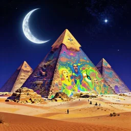 cosmic pyramids, crescent moon, desert journey, bright neon colors, highly detailed, cinematic, eyvind earle, tim white, philippe druillet, ernst haeckel, lisa frank, aubrey beardsley, hiroo isono