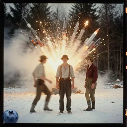 kodak portra 4 0 0, wetplate, muted colours, blueberry, 1 9 1 0 s style, motion blur, portrait photo of a backdrop, explosions, rockets, sparkling, lumberjack, forest, snow, fog, by manfred deix and by britt marling