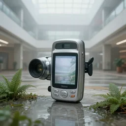 Beautiful cameraphone 2000s, soft liminal Photograph of foggy abandoned mall with water on the floor plants growing