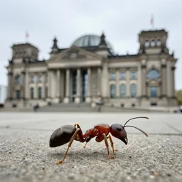closeup photo of an ant on the ground with the german reichstag in the background