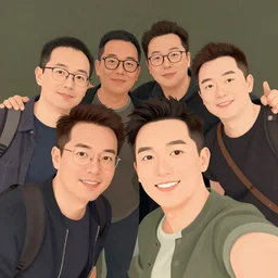 a detailed illustration of a small group of men posing for a selfie, by jamie hewlett and timothy kong, trending on behance