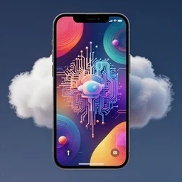 A desktop wallpaper that visualizes AI, blend elements, stylistic, visualize, vivid colors, geometric but organic, the cloud, iPhone wallpaper, Machine Learning, surrealism