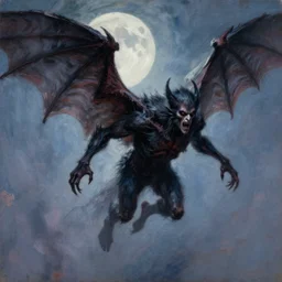 highly detailed expressionist oil painting of sinister male character from horror movie, his body is covered in bat fur, he has large wings, he flies on a moonlit night, intricate, dynamic pose, top lighting, realistic shaded, pastel shades, expressively loose brush strokes, perfect face, 8 k realistic, hyper detailed, digital painting, artstation, concept art, art by sam spratt