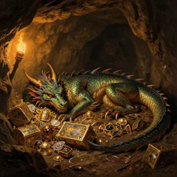 a real dragon sleeping on treasure pile. inside cave. warm glow of torch lights. shimmering treasure. painted by rembrandt, thomas cole, sasha beliaev. cinematic, epic composition, dramatic lighting, intricate scales, handpainted. realistic, photo, detailed
