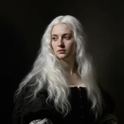 dramatic portrait by rembrandt of a beautiful young woman with long flowing white hair. high contrast chiaroscuro lighting,