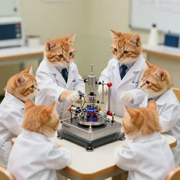 1 9 8 0's color photo, cute orange cats!!! in white lab coats supervising mechanical experiments