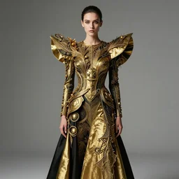 High quality photo of Female standing still Staring To A Camera, dressed in a golden and black surreal Avant grade outfit inspired by Ernst Haeckel. Sigma ART 105mm F2.8. hyper realistic vfx simulation. Fashion ad