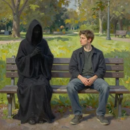 man sitting on park bench next to the grim reaper peaceful oil painting by Earl Moran sunny afternoon
