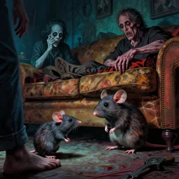 cinematic colorful horror artwork by artgerm, beksinski, mark brooks, stephen king ; real life full portrait of ugly furry mouse under couch at living room looking at human feet ; ground level wide shot low angle ; night ominous scary, 8 k hdr, creepy intricate ; volumetric dramatic lighting, insanely detailed, haunting