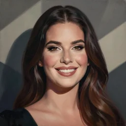 Lana Del Rey, smooth painting, art, detailed, flat contrast, smiling, beautiful hair, deep look, intense atmosphere